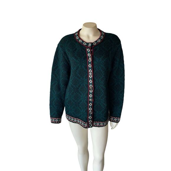 L.L.Bean Fair Isle Nordic Merino Wool Green Teal Cardigan Sweater Small - Picture 1 of 6